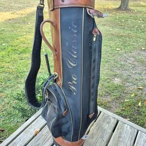 Vintage Pro Classic Nylon/Leather 14-way Golf Bag w/ Rain Cover & Carry Strap